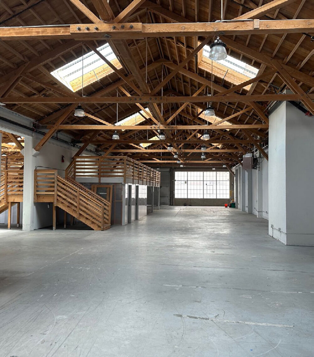 1251-1255 Howard Street interior with skylights and timber trusses