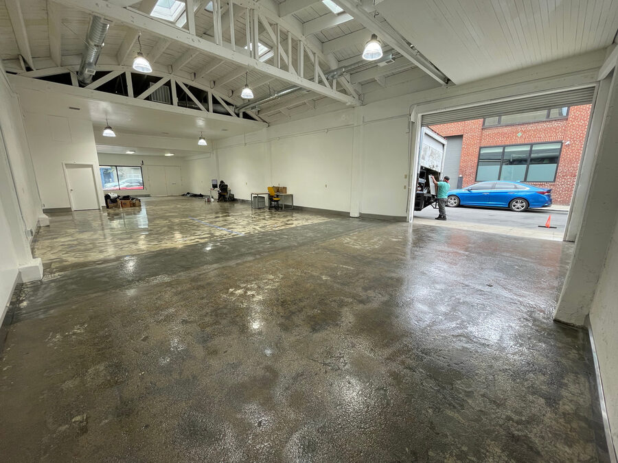 365-371 10th Street interior with skylights and drive-in door